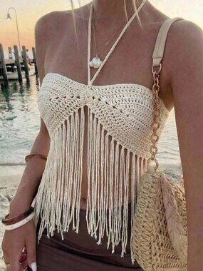Beige Boho Women's Music Festival Fringe Decor Tube Top Knit Sweater top